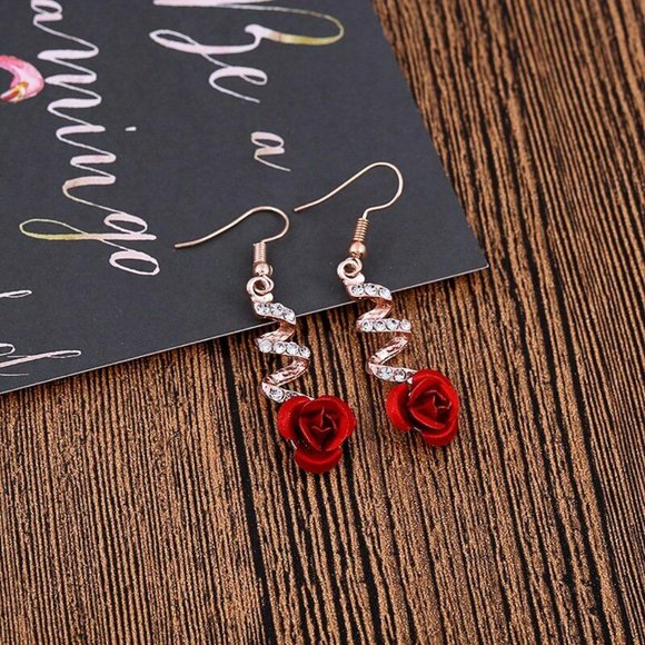 NEW GORGEOUS Red Rose Drop Dangle Sparkling Spiral Earrings SPECIAL EVENT - Picture 4 of 6